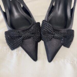 Size 6.5………Black Satin Rhinestone Bow Buckle Heels. PUBLIC DESIRE